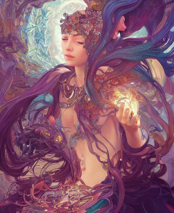 Prompt: a whirlwind of souls rushing inside the metaverse, half body, glowin eyes, jewelry, insect, lizard, d & d, fantasy, intricate, elegant, highly detailed, colorful, vivid color, digital painting, artstation, concept art, art by artgerm and greg rutkowski and alphonse mucha and ruan jia