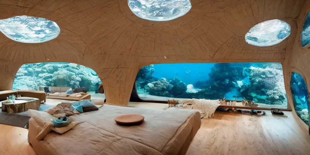 Prompt: home interior that is an underwater dome