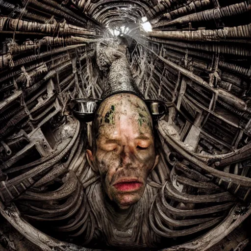 Image similar to human head soup, overhead photography, lens distortion, fisheye!!!!! lens, intricate, foreboding atmosphere, grim lighting, detailed, shot by jimmy nelson and h. r. giger, 4 k, 8 k, photorealism, panoramic photography