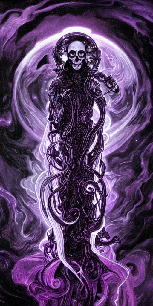 Image similar to intense glowing black metal pagan god with tentacles and intense black eyes with a skull in very dark purple cosmic space nebula by artgerm and alphonse mucha and beksinski, portrait, fantasy, clear, light beams, lens flare, soft, uhd, amazing depth, cinematic lighting, violet and red and black and white and metallic silver