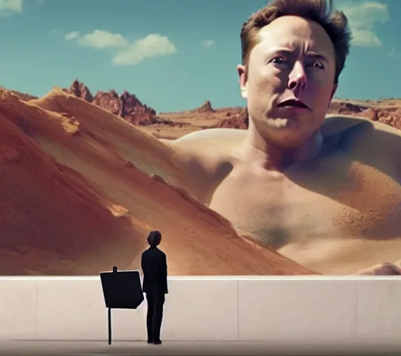 Image similar to hyperrealism aesthetic ridley scott and denis villeneuve style photography of a detailed giant elon musk, siting on a detailed ultra huge toilet and scrolling his smartphone in hyperrealism scene from detailed art house movie in style of alejandro jodorowsky and wes anderson