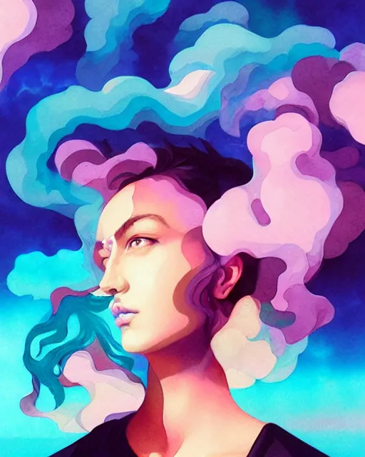 Prompt: vaporwave water smoke portrait, shattering acrylic geometric watercolor art by peter mohrbacher and artgerm