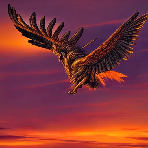 Prompt: a griffon unfurling its wings at sunset by michael whelan and james gurney