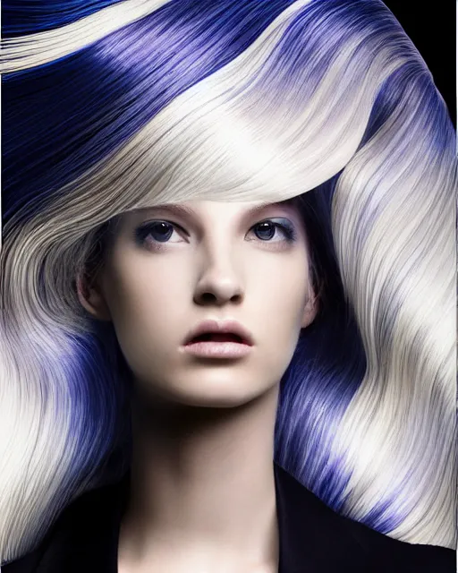 Prompt: dynamic Pantene hair flip, color interference, high fashion photograph, perfect porcelain skin, By Steven Meisel, WLOP, Felipe Pantone