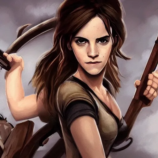 Image similar to emma watson teams up with lara croft, cartoon, rpg character, humblewood art style, concept art, fantasy