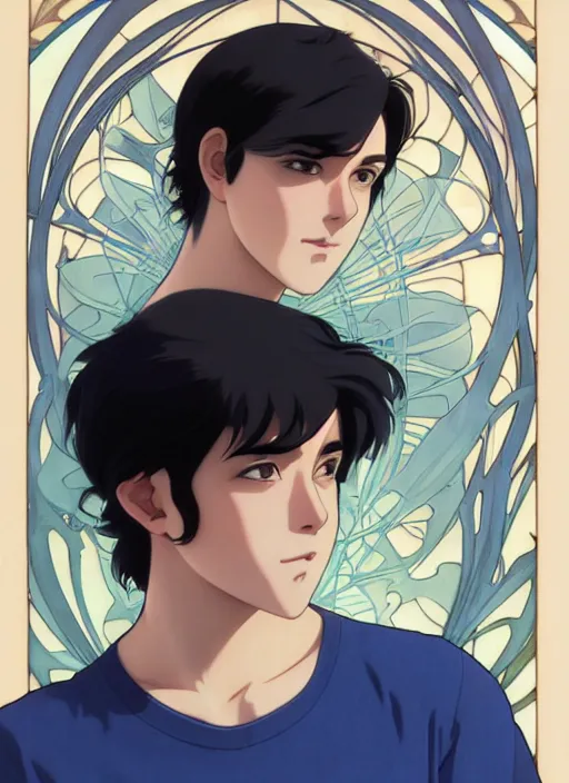 Image similar to handsome young man with short black hair, male, wearing a blue shirt, half body shot, path traced, highly detailed, high quality, digital painting, by studio ghibli and alphonse mucha, leesha hannigan, hidari, art nouveau, chiho aoshima, posuka demizu