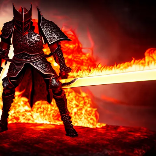 Image similar to hell knight with a flaming sword, highly detailed, 4k, HDR, smooth, sharp focus, hyper realistic, high resolution