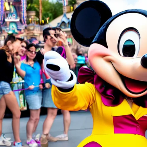 Prompt: katy perry wearing mickey mouse ears takes a selfie in front of the disney world