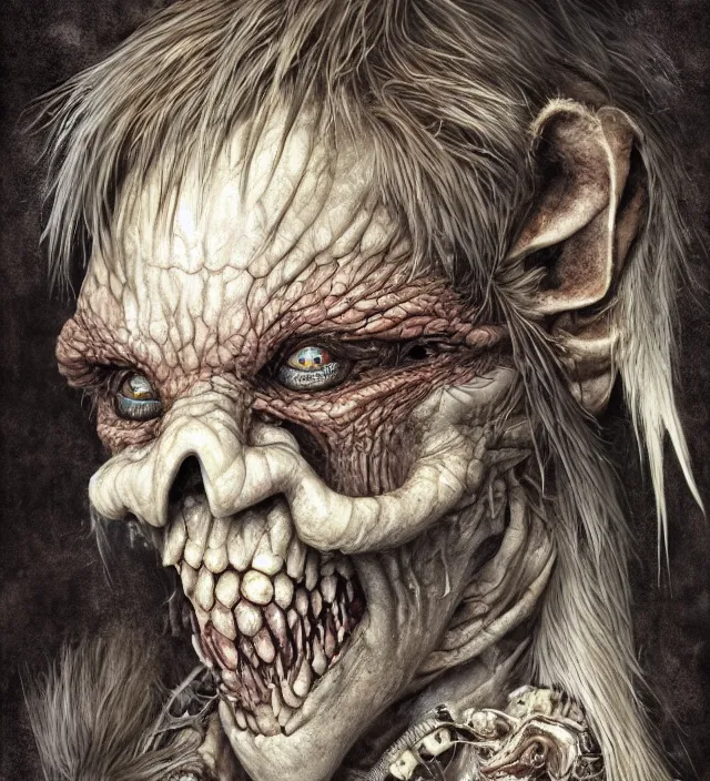 Image similar to hyper realistic portrait of postapocalyptic evil smiling grining elf goblin, cinematic, symmetric, dark crystal, alan lee, jean baptiste monge, scott radke