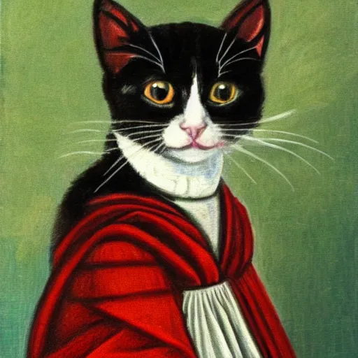 Prompt: portrait painting of an adorable tuxedo kitten in renaissance clothing in the style of Botticelli