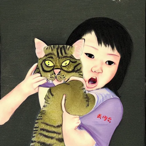 Prompt: a child attempts to hold an extremely angry cat, lowbrow painting by 奈 良 美 智