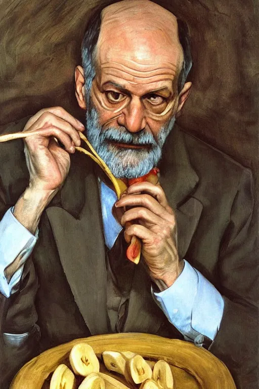 Prompt: portrait of sigmund freud eating one banana, twirling a hula hoop, by frank mccarthy, by lucian freud