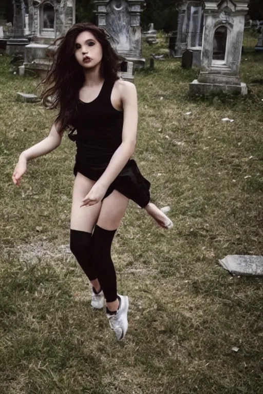 Prompt: egirl doing a shuffle dance in an abandoned graveyard, aesthetic!!, clean composition, outdoor lighting, beautiful highly symmetric face, gazing eyes