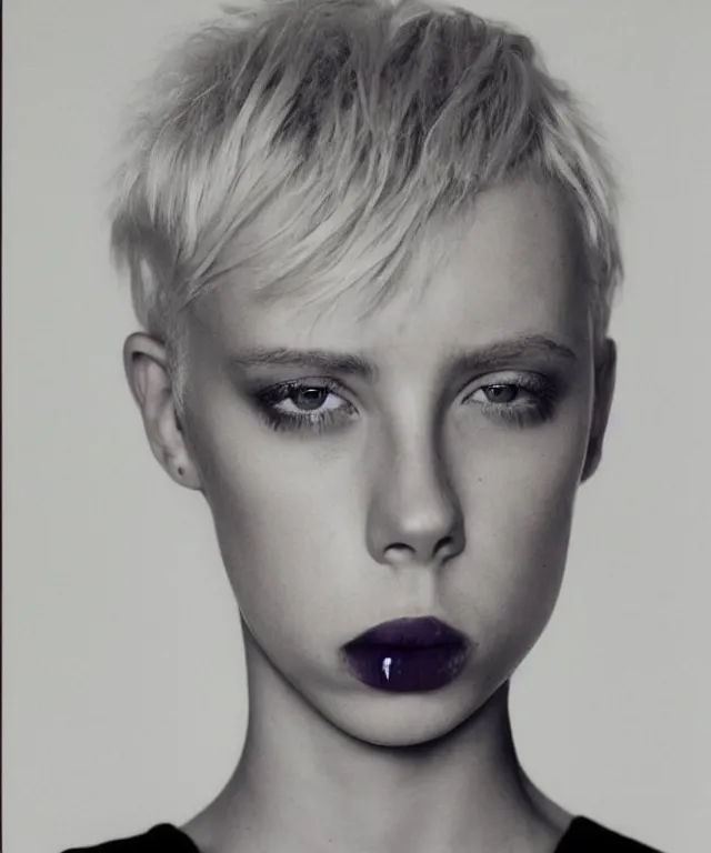 Prompt: a color photograph of edie campbell, bleached blonde short hair, by robert mapplethorpe, intense, bold, hyperrealistic, ultra sharp, extra details, ultra high quality, trending on pinteresst