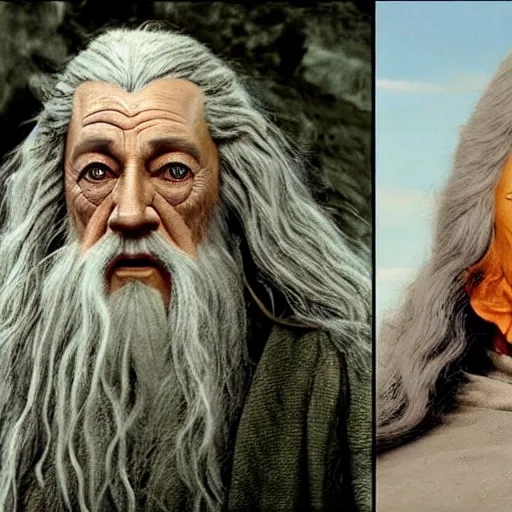 Image similar to a frame from the film the lord of the rings featuring nancy pelosi as gandalf, photorealistic faces, hd
