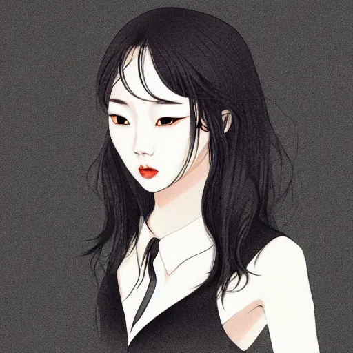 Image similar to portrait of a beautiful korean girl wearing a men's tuxedo, with long hair and bangs, angular features, angry expression, digital art, elegant pose, detailed illustration