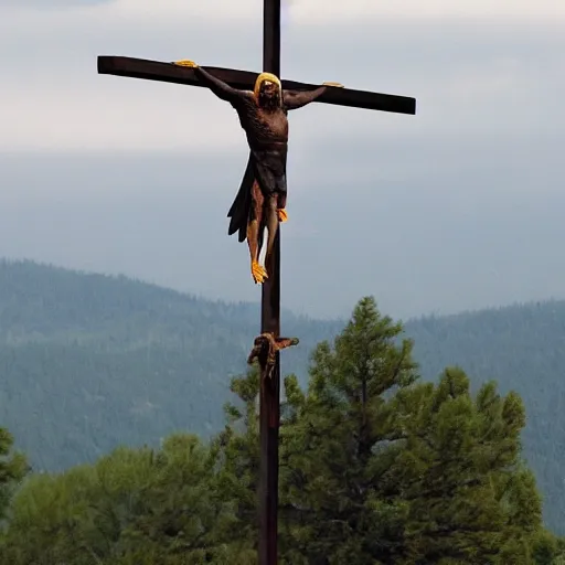 Image similar to a bald eagle, crucified on a crucifix