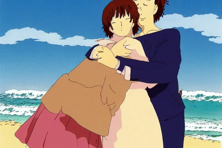 Image similar to a man hugging his beautiful wife by the beach, studio ghibli