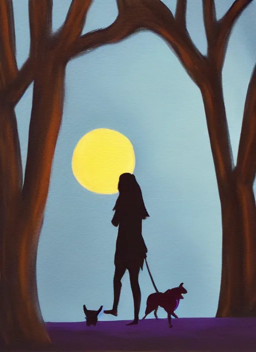 Prompt: young brown woman walking her dog in a park at night with a full moon, acrylic painting, fantasy