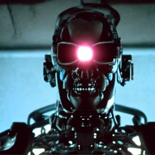 Image similar to movie still of a cyborg, facial expression, cinematic composition, cinematic light, surreal cinema, by edgar wright and david lynch,