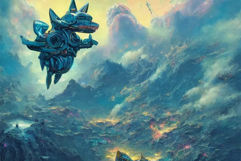 Image similar to cute dog overlooking a multiversal otherworldly realm with flying mecha shark with chic streets and shops and volcanic lava eruption mountain with lush garden and waterfalls and intricate luxurious scifi shrines, star trek style, by peter mohrbacher, jeremy mann, francoise nielly, james jean, ross tran, beautiful, award winning scenery, clean details, serene