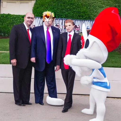 Image similar to professional photography Donald Trump cosplay as Bugs Bunny spying on children at a birthday party, high quality, good lighting,