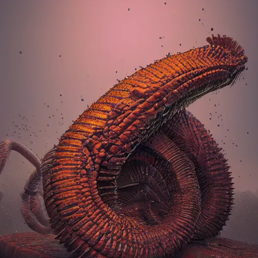 Prompt: centipede bird art by Mike Winkelmann, power auras, sigils, tattered cloth robes, substance 3d painter, PBR textures, Physical based rendering, cinematic, hyper realism, high detail, octane render, unreal engine, 8k, Vibrant colors, Smooth gradients, High contrast, depth of field, aperture