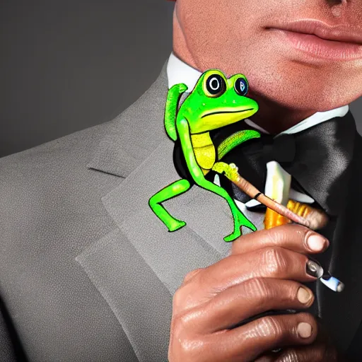 Image similar to a high detail closeup photograph of a 🐸 wearing a suit 👔,and smoking a cigarrette🚬, award wining photograph