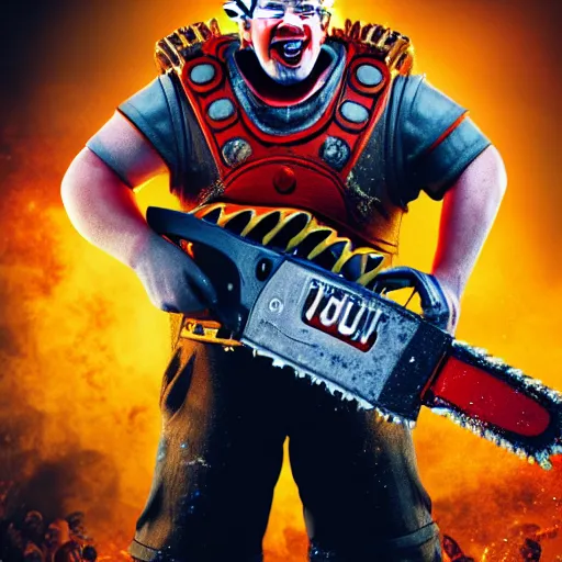 Image similar to portrait of donald trump as a clown, laughing and holding a chainsaw in gears of war, splash art, movie still, cinematic lighting, ray tracing, octane render, long lens, shallow depth of field, bokeh, anamorphic lens flare, 8 k, hyper detailed, 3 5 mm film grain