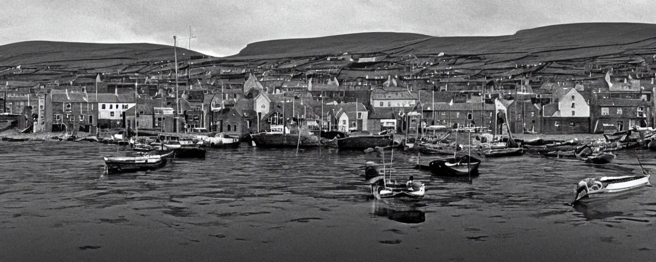 Prompt: the harbour at Stromness orkney, from Apocalypse Now (1979), cinematic,