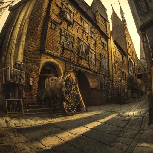 Image similar to 1 4 th century!!!!! town street, cinematic photography, fisheye!!!!! lens, ( ( ( ( ( worm's - eye view ) ) ) ) ), illustrated by max hay, artstation, cgsociety contest winner, dramatic lighting, vignette