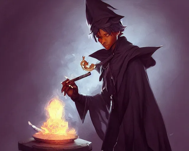 Image similar to cute young black mage ( final fantasy series ) male, smoking a pipe, shrouded face, deep focus, d & d, fantasy, intricate, elegant, highly detailed, digital painting, artstation, concept art, matte, sharp focus, illustration, hearthstone, art by artgerm and greg rutkowski and alphonse mucha