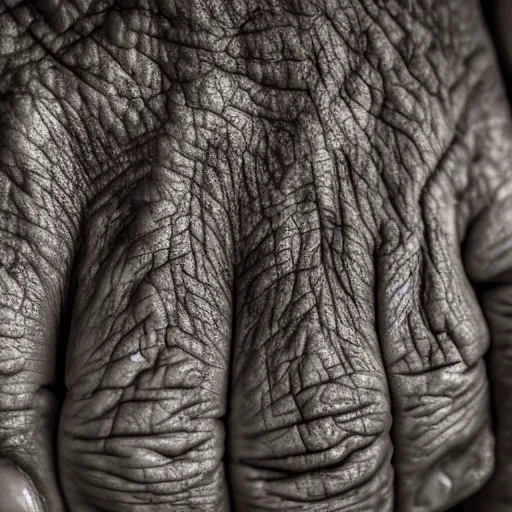 Image similar to closeup photograph of an old, wrinkled hand. Shallow depth of field. Strong keylight.