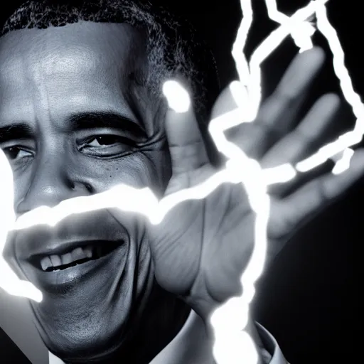 Image similar to Obama casting a powerful magic Spell with electricity in the air, Videogame, 40nm lens, shallow depth of field, split lighting
