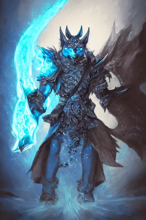 Image similar to anthropomorphic Azure wolf knight, DnD character art portrait, fantasy battleground, raining, blue flame, oil painting, heroic pose, magic the gathering artwork, D&D, fantasy, cinematic lighting, centered, symmetrical, highly detailed, digital painting, artstation, concept art, chromatic aberration, post processing, smooth, sharp focus, illustration, volumetric lighting, epic Composition, 8k, art, DeviantArt, trending on Artstation, Jason Felix, Steve Argyle, Tyler Jacobson, Peter Mohrbacher, Akihiko Yoshida, Greg Rutkowski, Craig Mullins, Frank Frazetta, cinematic lighting