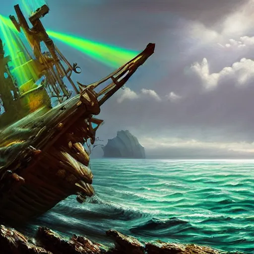 Image similar to wooden shipwreck of old pirate ship on rocks at sea, dramatic lighting, sun beams, god rays illuminating wreck, dark background, gloomy green sea, fantasy art, painting, concept art, oil painting, brushstrokes