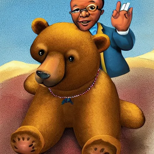 Prompt: jacob zuma riding a bear storybook style