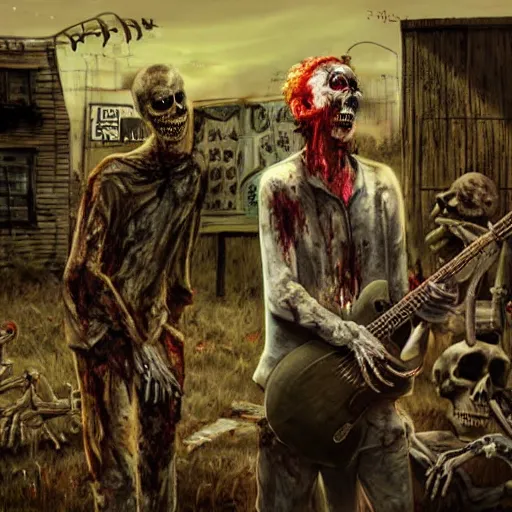 Image similar to zombie musician playing music for the dead, 8k, zombies, skeletons, ghosts, boo, realistic,