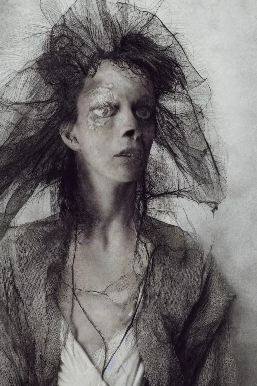 Image similar to hyperrealism close - up fashion portrait by roversi photo from the holy mountain by alejandro jodorowsky in style of francisco goya