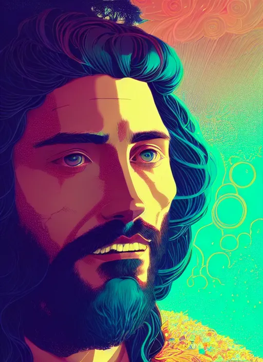 Prompt: portrait of jesus, artstation winner by victo ngai, kilian eng and by jake parker, by conrad roset, swirly vibrant color lines, winning award masterpiece, fantastically gaudy, aesthetic octane render, 8 k hd resolution