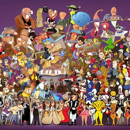 Image similar to an orchestra of various Looney Tunes characters playing a concert in a large concert hall. In the audience is a crowd of Marvel villains is sitting in the audience. realistic, photorealistic, 4k