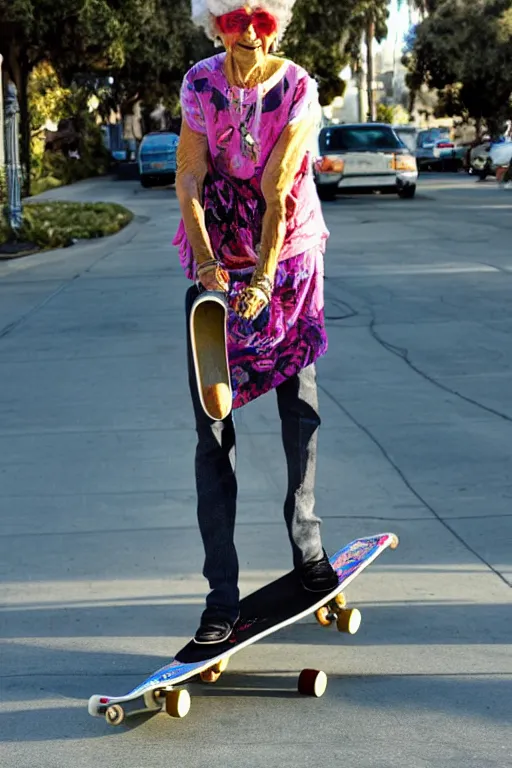 Image similar to a portrait of a fashionable gran on a skateboard in los angeles