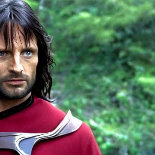 Image similar to A still of Aragorn as Scotty on Star Trek: The Original Series, red shirt, sharp focus, high quality, very realistic, 4k