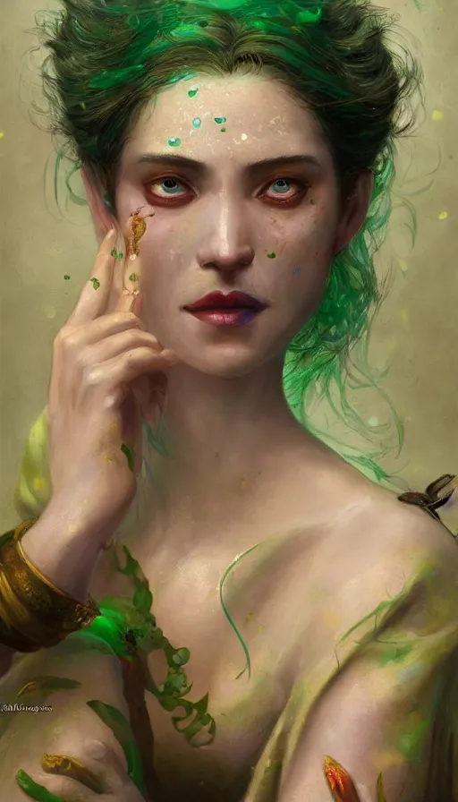 Image similar to epic masterpiece portrait of a female jester, sweaty skin, hyperrealistic, octane render, cinematic, beautiful face and flawless skin, perfect hands, emeralds by Edgar Maxence and Ross Tran and Michael Whelan, Legends of Runeterra