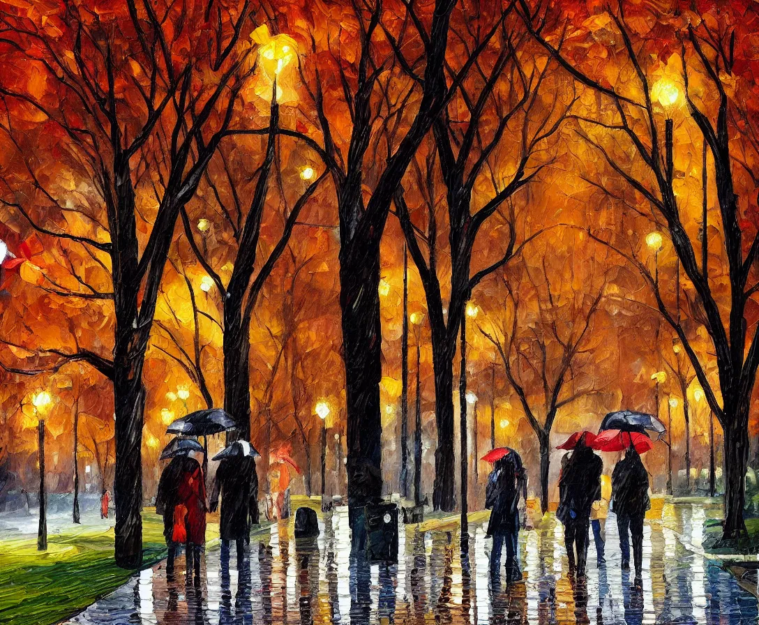 Image similar to a couple walking in the park, oil painting, night time, new york city, trees, fall season, rain, wet walkway, park bench, street lights, soft tones