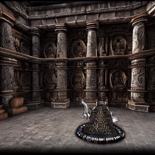 Image similar to the spare wolf in the center of the throne room of ancient aztec chieftan, epic ancient knowledge, by h. r. giger, unreal engine,
