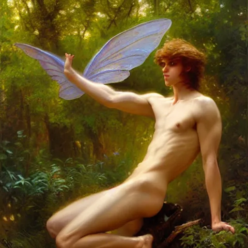 Image similar to attractive male fairy with wings in the forest, posing. highly detailed painting by gaston bussiere, craig mullins, j. c. leyendecker, 8 k