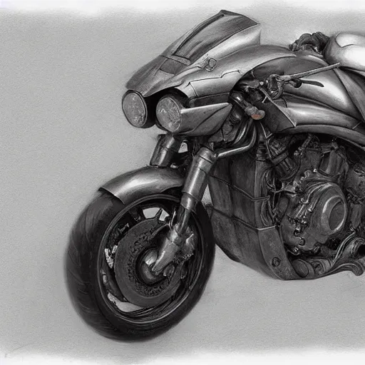 Image similar to dragon motorcycle by Craig Mullins, pencil drawing, highly detailed