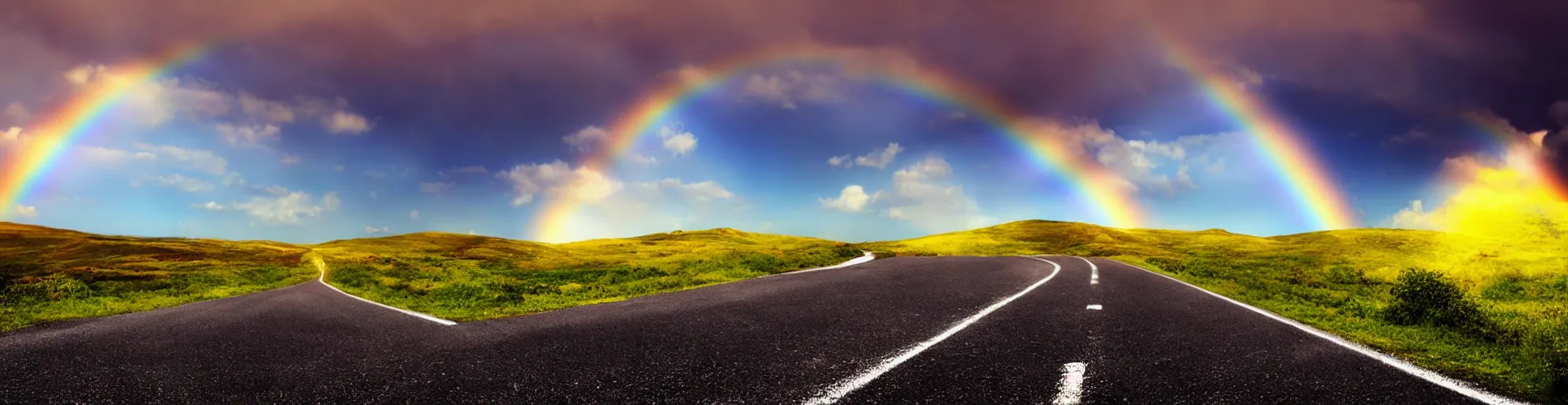 Prompt: a wide and vast landscape with sunny sky and clouds, road over hill with rainbow in background, cinematic lighting, digital art