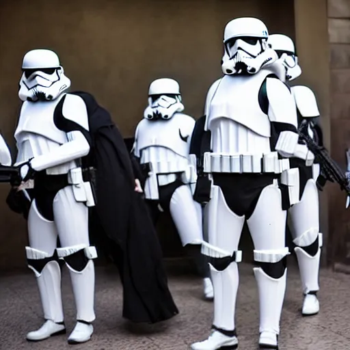 Image similar to 5 foot 1 0 fit iranian man with very short black beard and medium black well styled hair being captured by stormtroopers, highly detailed, high definition, ultra realistic